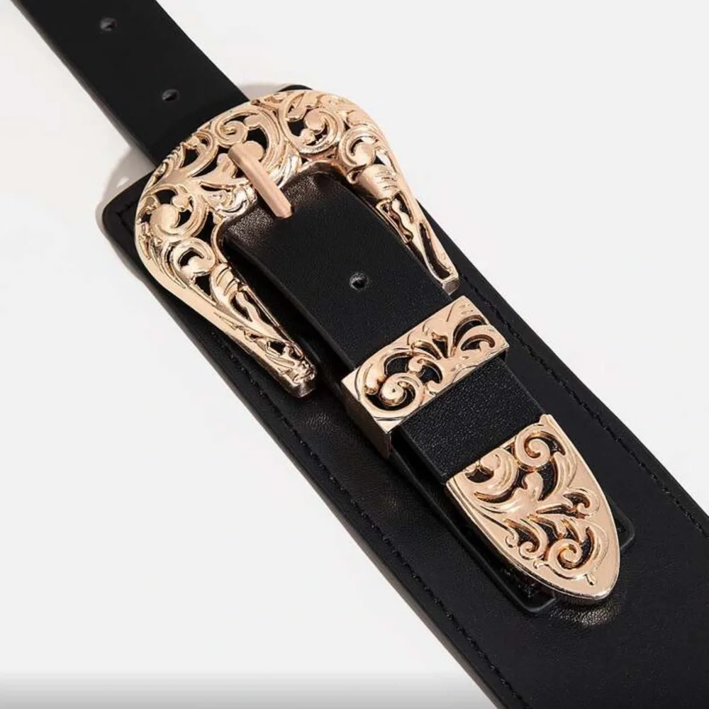Elegant Black Western Double Buckle Belt with Gold Buckles